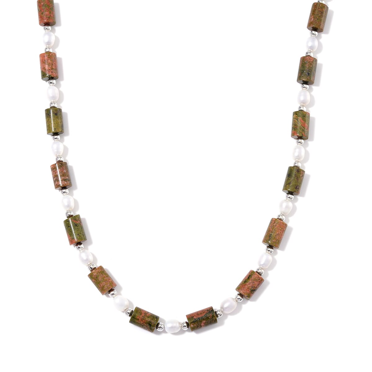 Unakite 100.00 ctw and Freshwater Pearl Necklace in Silvertone 18-20 Inches image number 0