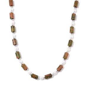 Unakite 100.00 ctw and Freshwater Pearl Necklace in Silvertone 18-20 Inches