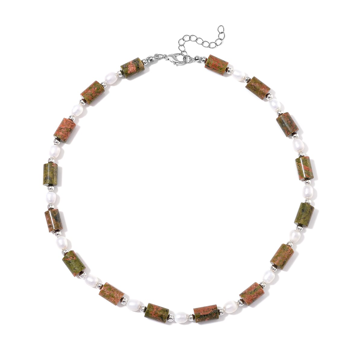 Unakite 100.00 ctw and Freshwater Pearl Necklace in Silvertone 18-20 Inches image number 2