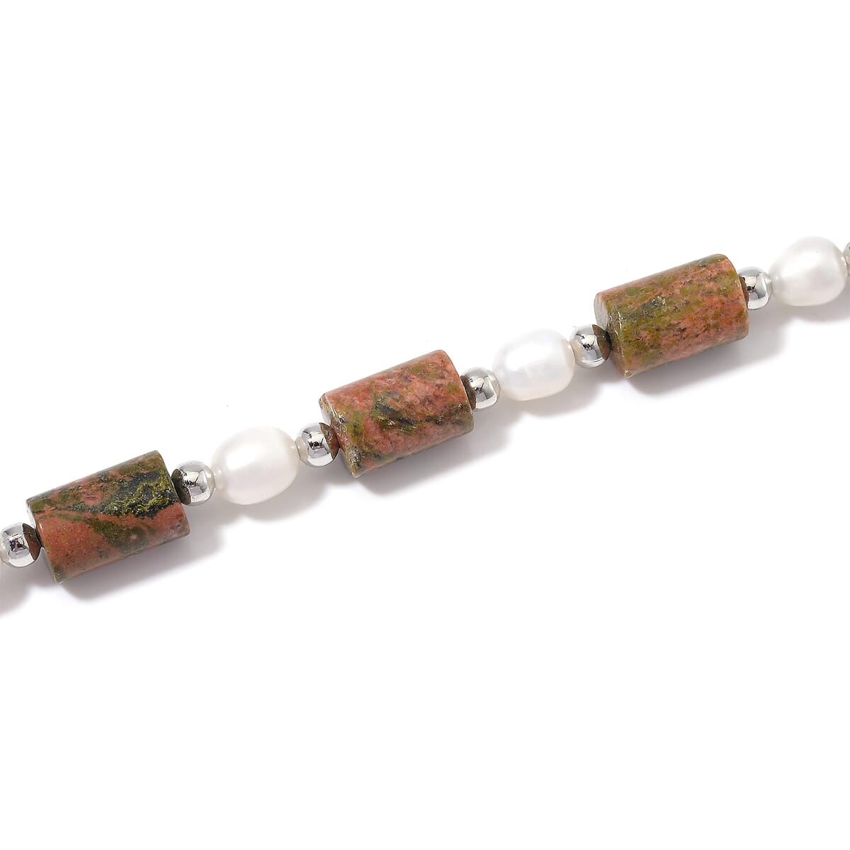 Unakite 100.00 ctw and Freshwater Pearl Necklace in Silvertone 18-20 Inches image number 3
