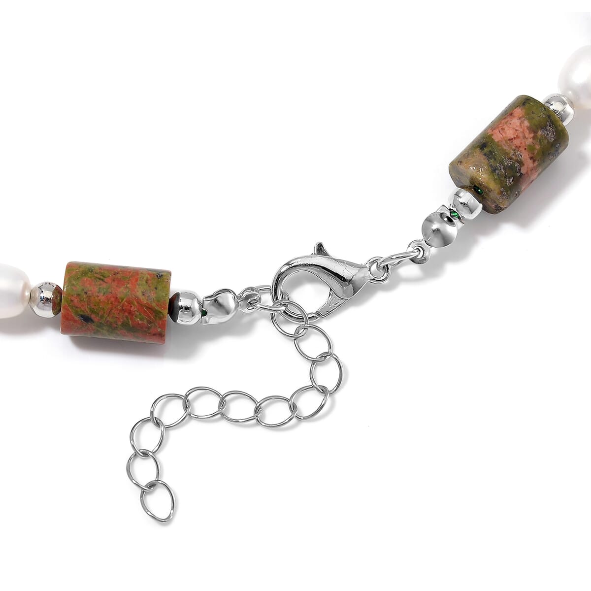 Unakite 100.00 ctw and Freshwater Pearl Necklace in Silvertone 18-20 Inches image number 4
