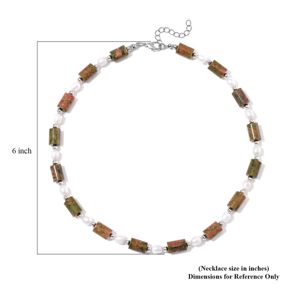 Unakite 100.00 ctw and Freshwater Pearl Necklace in Silvertone 18-20 Inches image number 5