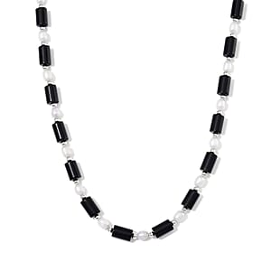 Black Obsidian 100.00 ctw and Freshwater Pearl Necklace in Silvertone 18-20 Inches
