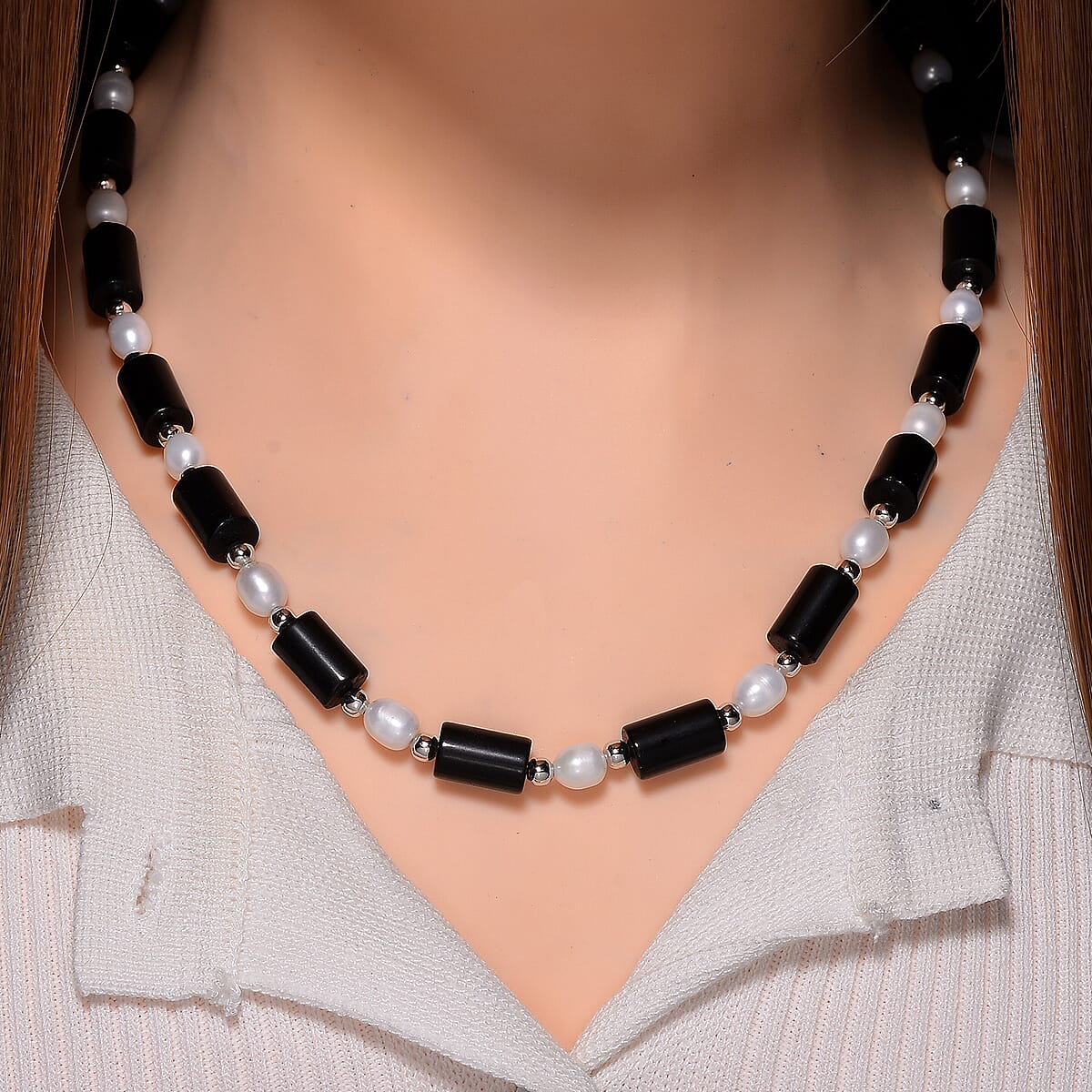 Black Obsidian 100.00 ctw and Freshwater Pearl Necklace in Silvertone 18-20 Inches image number 1