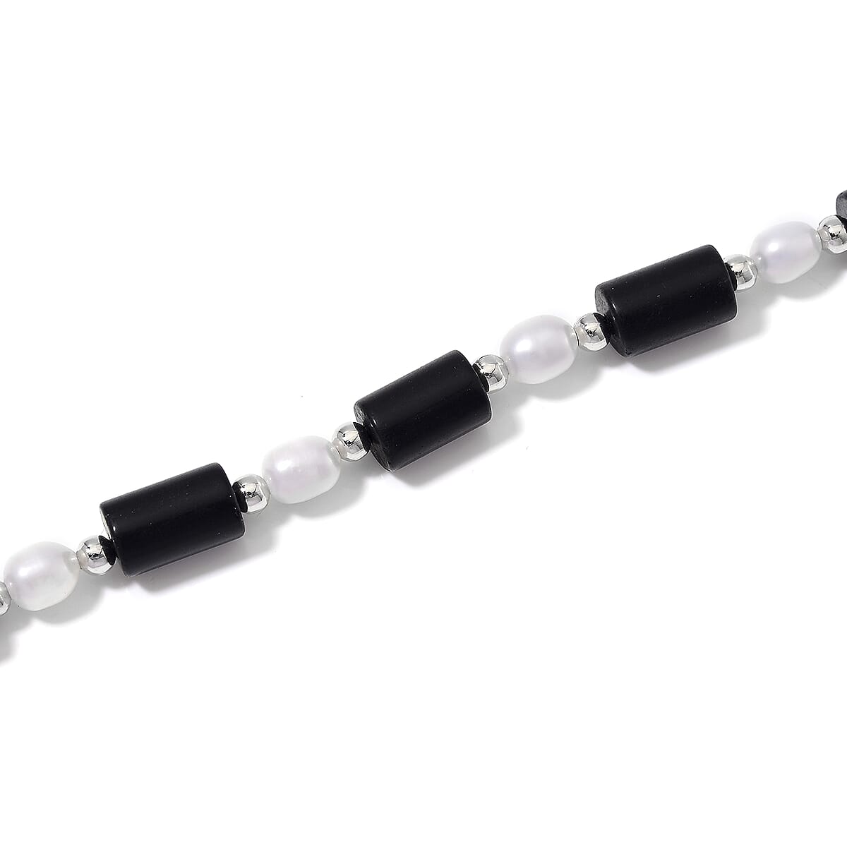 Black Obsidian 100.00 ctw and Freshwater Pearl Necklace in Silvertone 18-20 Inches image number 3