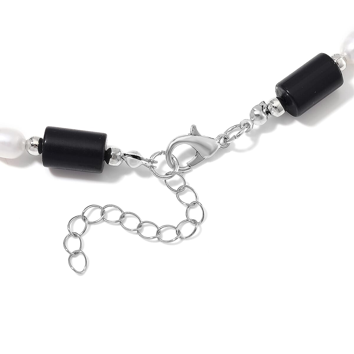 Black Obsidian 100.00 ctw and Freshwater Pearl Necklace in Silvertone 18-20 Inches image number 4