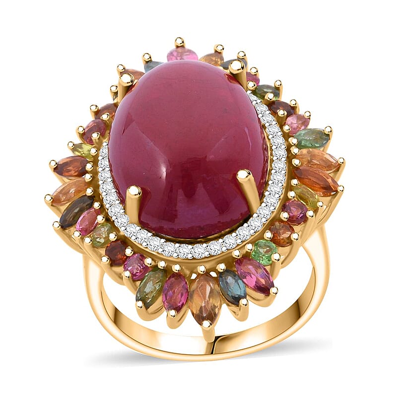 Niassa Ruby (FF) and Multi Gemstone 23.60 ctw Blossom Halo Ring in Vermeil Yellow Gold Over Sterling Silver (Size 10.0)