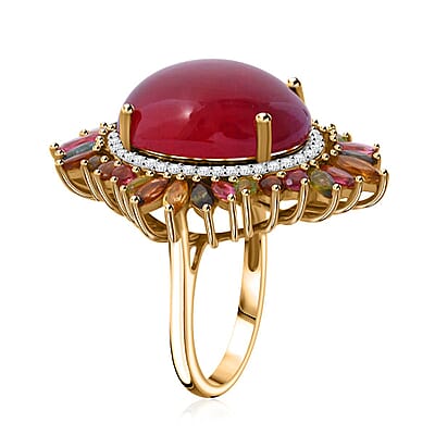 Niassa Ruby (FF) and Multi Gemstone 23.60 ctw Blossom Halo Ring in Vermeil Yellow Gold Over Sterling Silver (Size 10.0)