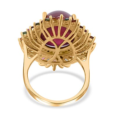 Niassa Ruby (FF) and Multi Gemstone 23.60 ctw Blossom Halo Ring in Vermeil Yellow Gold Over Sterling Silver (Size 10.0)