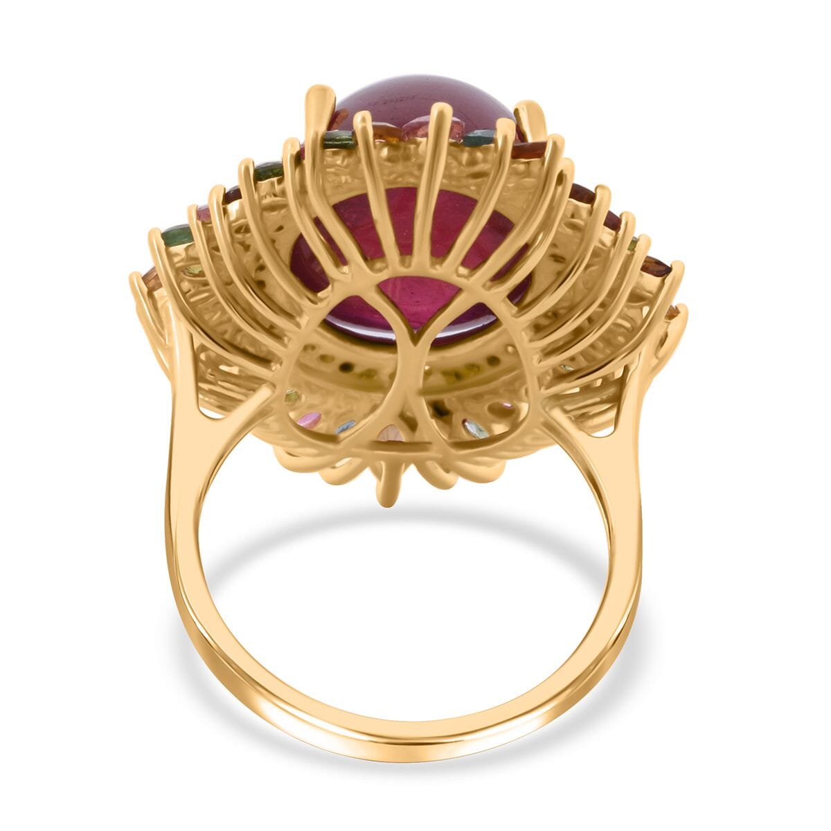 Niassa Ruby (FF) and Multi Gemstone 23.60 ctw Blossom Halo Ring in Vermeil Yellow Gold Over Sterling Silver (Size 7.0) image number 3