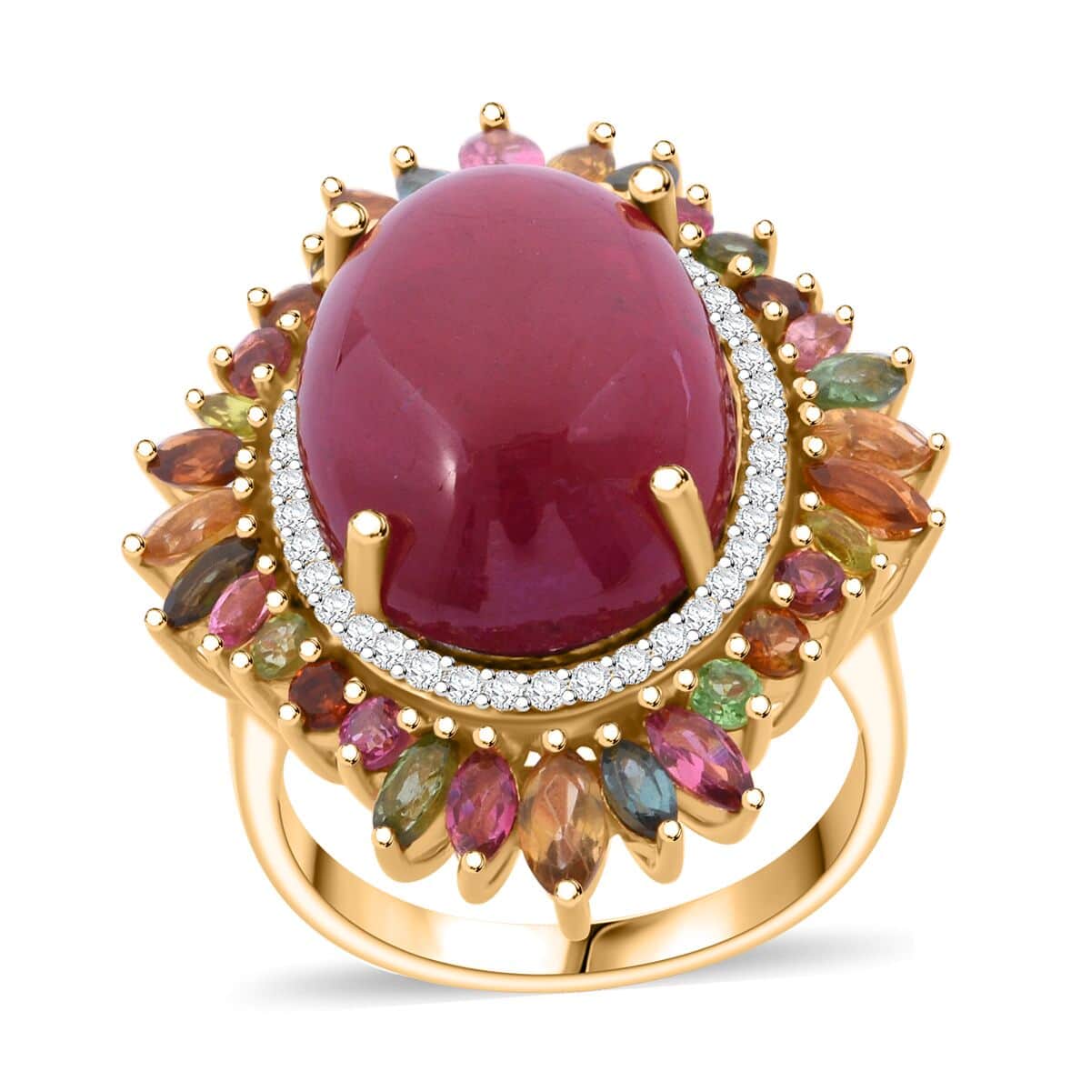 Doorbuster Niassa Ruby (FF) and Multi Gemstone 23.60 ctw Blossom Halo Ring in Vermeil Yellow Gold Over Sterling Silver (Size 8.0) image number 0