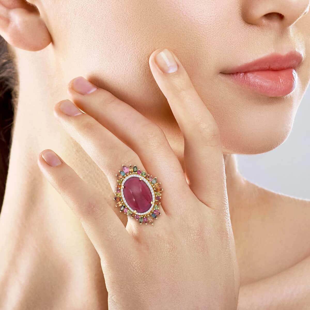 Doorbuster Niassa Ruby (FF) and Multi Gemstone 23.60 ctw Blossom Halo Ring in Vermeil Yellow Gold Over Sterling Silver (Size 8.0) image number 1