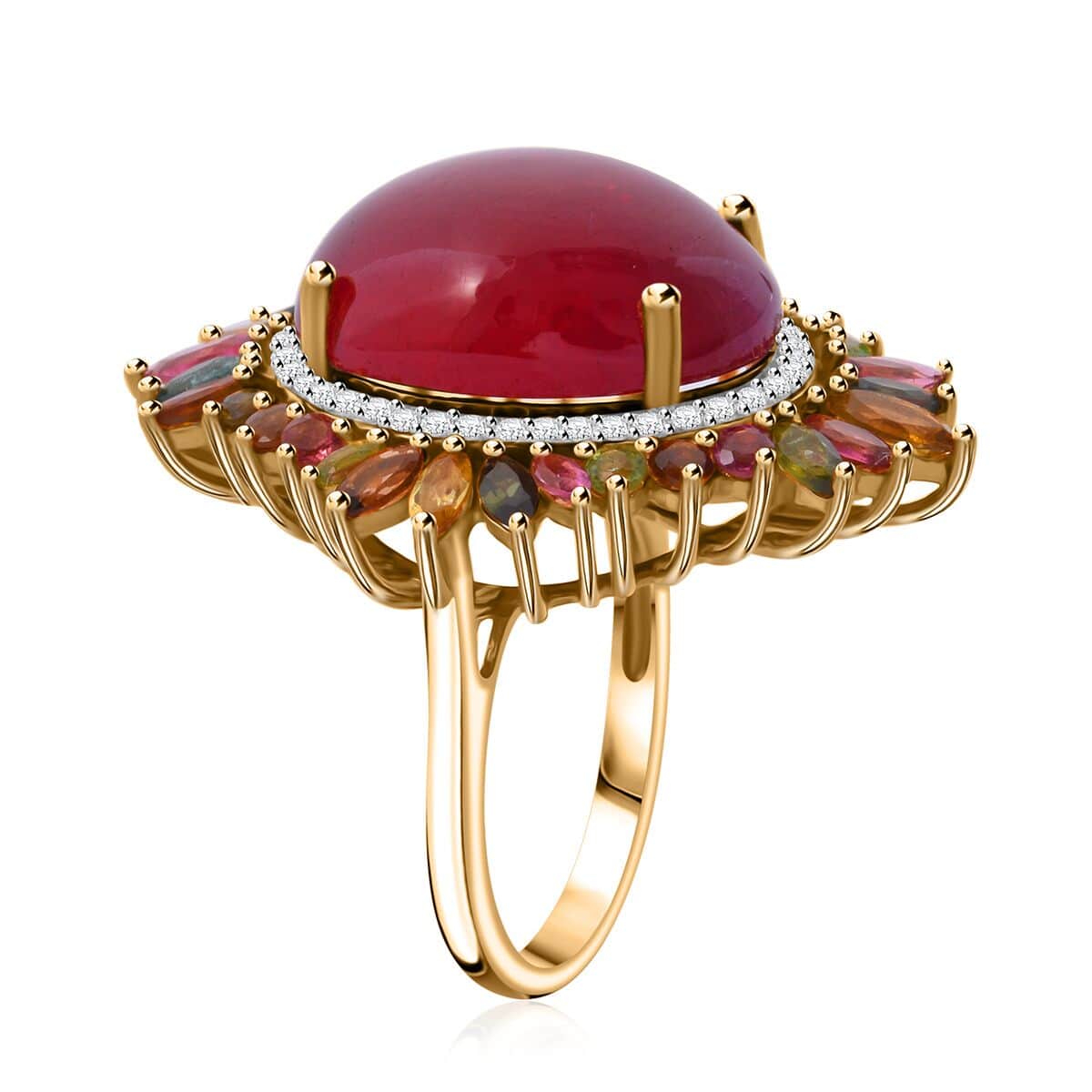 Doorbuster Niassa Ruby (FF) and Multi Gemstone 23.60 ctw Blossom Halo Ring in Vermeil Yellow Gold Over Sterling Silver (Size 8.0) image number 2