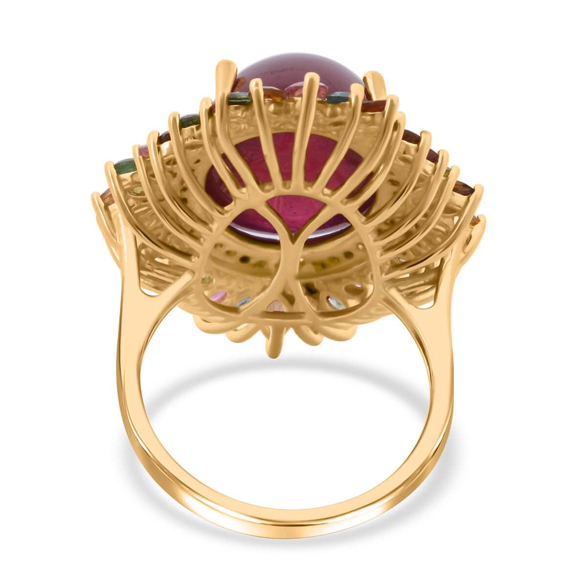 Doorbuster Niassa Ruby (FF) and Multi Gemstone 23.60 ctw Blossom Halo Ring in Vermeil Yellow Gold Over Sterling Silver (Size 8.0) image number 3