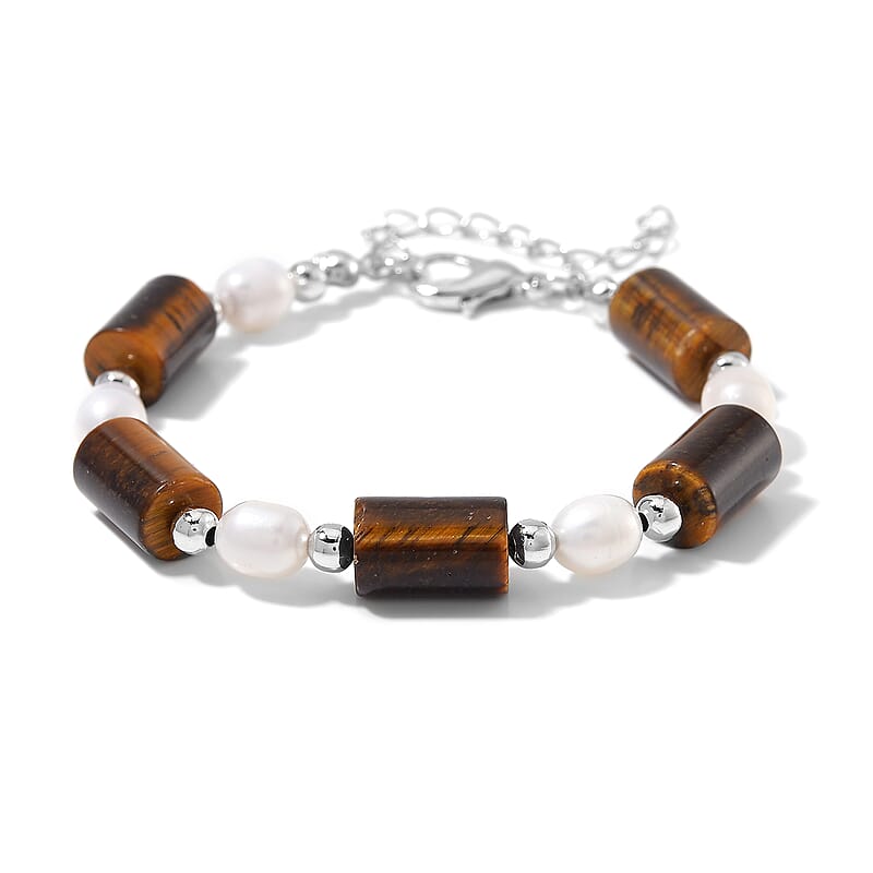Yellow Tigers Eye 30.00 ctw and Freshwater Pearl Stretch Bracelet in Silvertone (6.50-8.50In)