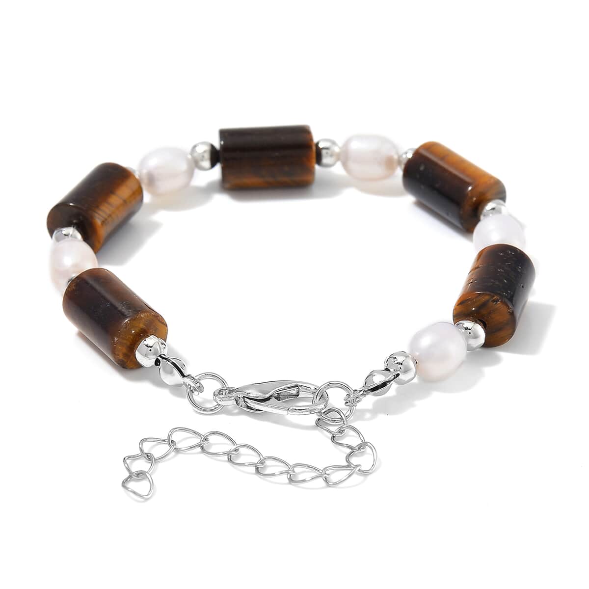 Doorbuster Yellow Tigers Eye 30.00 ctw and Freshwater Pearl Stretch Bracelet in Silvertone (6.50-8.50In) image number 2