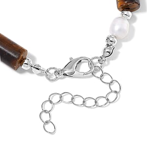 Yellow Tigers Eye 30.00 ctw and Freshwater Pearl Stretch Bracelet in Silvertone (6.50-8.50In)