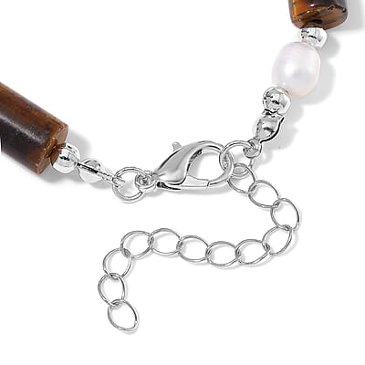 Yellow Tigers Eye 30.00 ctw and Freshwater Pearl Stretch Bracelet in Silvertone (6.50-8.50In)