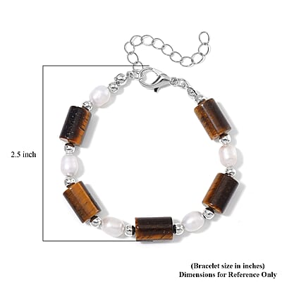 Yellow Tigers Eye 30.00 ctw and Freshwater Pearl Stretch Bracelet in Silvertone (6.50-8.50In)