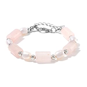 Galilea Rose Quartz 30.00 ctw and Freshwater Pearl Stretch Bracelet in Silvertone (6.50-8.50In)