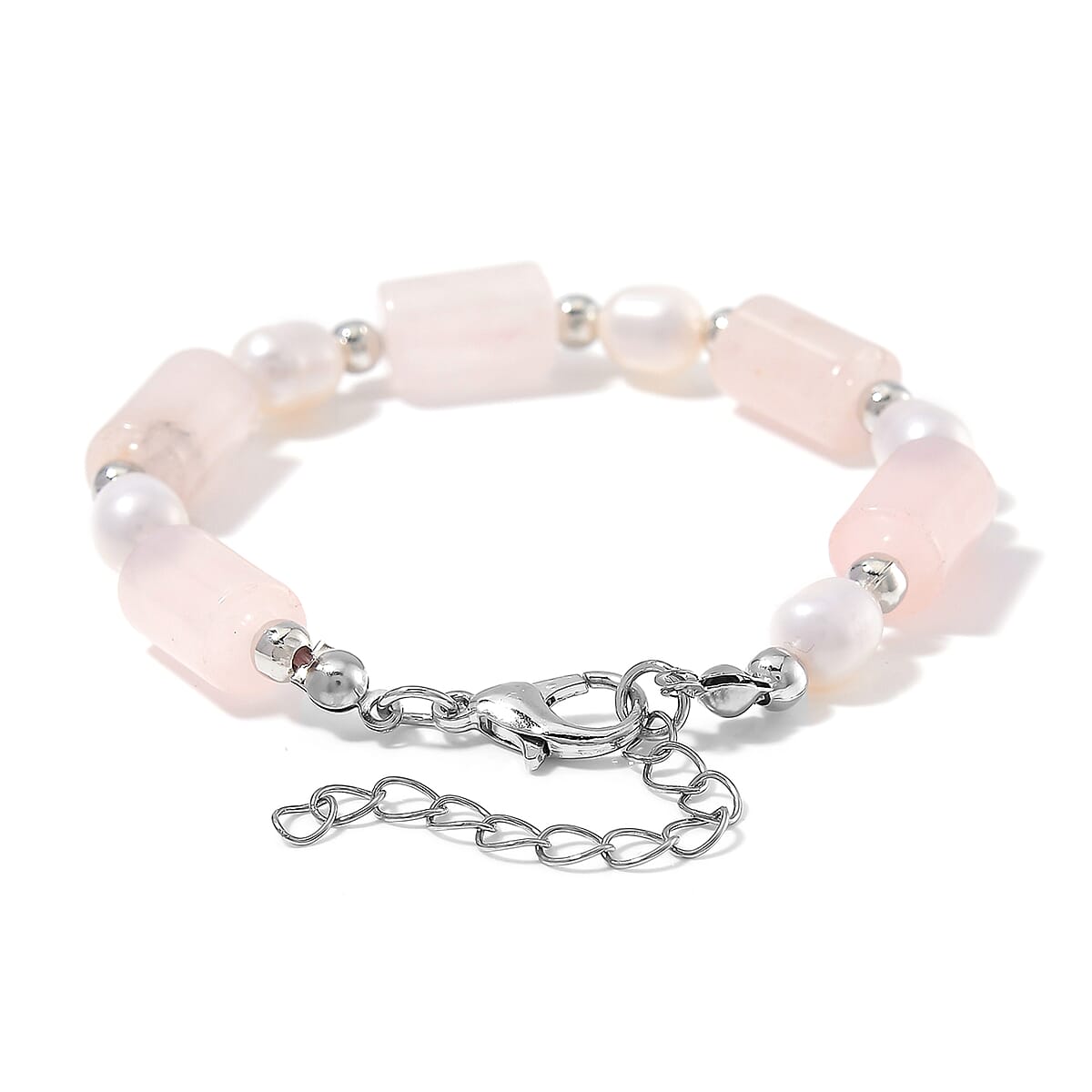 Galilea Rose Quartz 30.00 ctw and Freshwater Pearl Stretch Bracelet in Silvertone (6.50-8.50In) image number 2