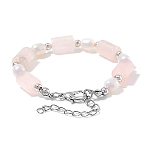 Galilea Rose Quartz 30.00 ctw and Freshwater Pearl Stretch Bracelet in Silvertone (6.50-8.50In)