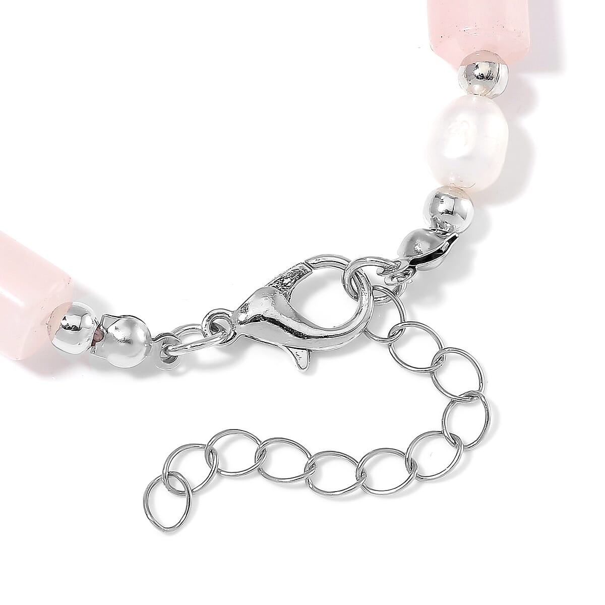 Galilea Rose Quartz 30.00 ctw and Freshwater Pearl Stretch Bracelet in Silvertone (6.50-8.50In) image number 3