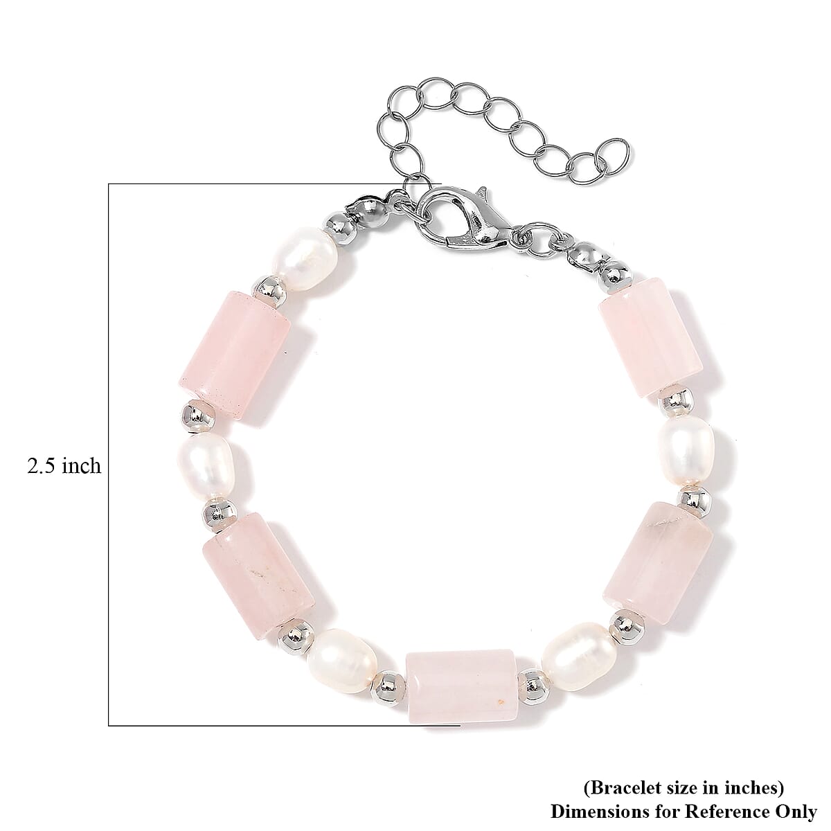 Galilea Rose Quartz 30.00 ctw and Freshwater Pearl Stretch Bracelet in Silvertone (6.50-8.50In) image number 4