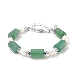 Green Aventurine 30.00 ctw and Freshwater Pearl Stretch Bracelet in Silvertone (6.50-8.50In)