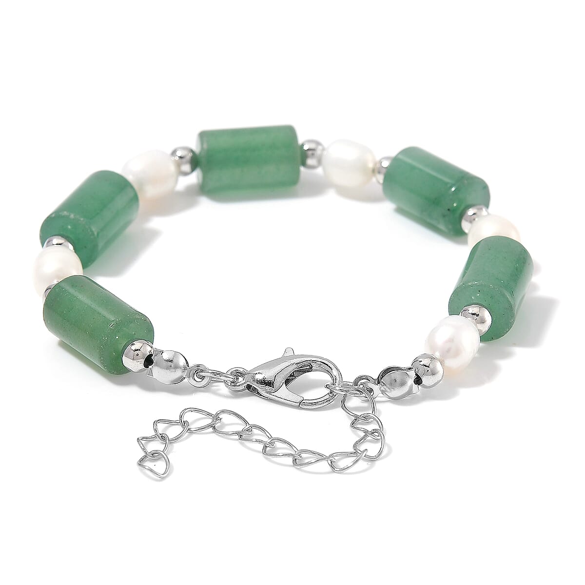 Green Aventurine 30.00 ctw and Freshwater Pearl Stretch Bracelet in Silvertone (6.50-8.50In) image number 2