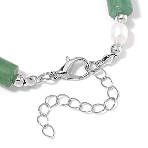 Green Aventurine 30.00 ctw and Freshwater Pearl Stretch Bracelet in Silvertone (6.50-8.50In)