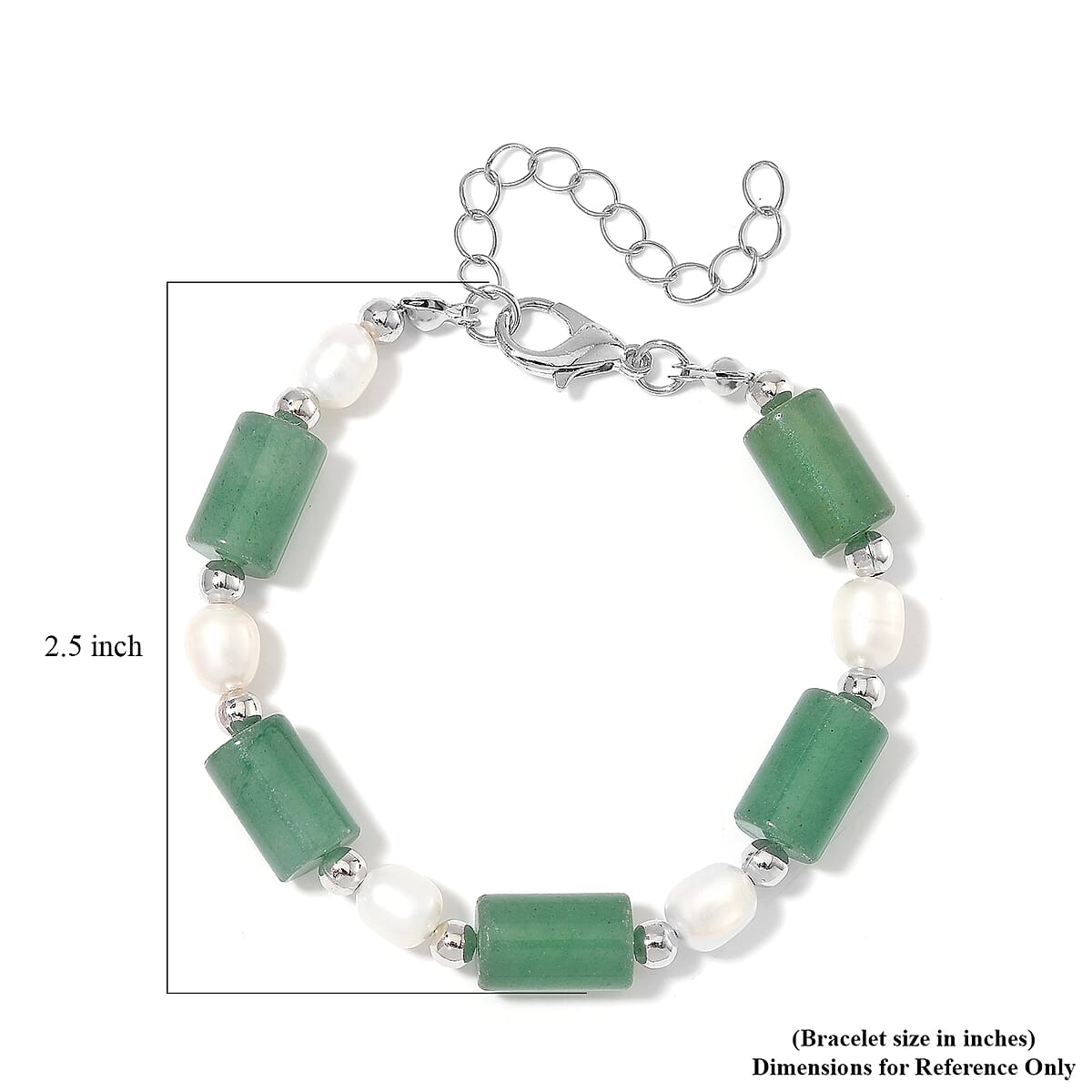 Green Aventurine 30.00 ctw and Freshwater Pearl Stretch Bracelet in Silvertone (6.50-8.50In) image number 4