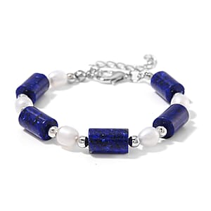 Lapis Lazuli 30.00 ctw and Freshwater Pearl Stretch Bracelet in Silvertone (6.50-8.50In)