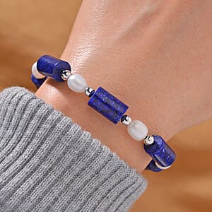 Lapis Lazuli 30.00 ctw and Freshwater Pearl Stretch Bracelet in Silvertone (6.50-8.50In)
