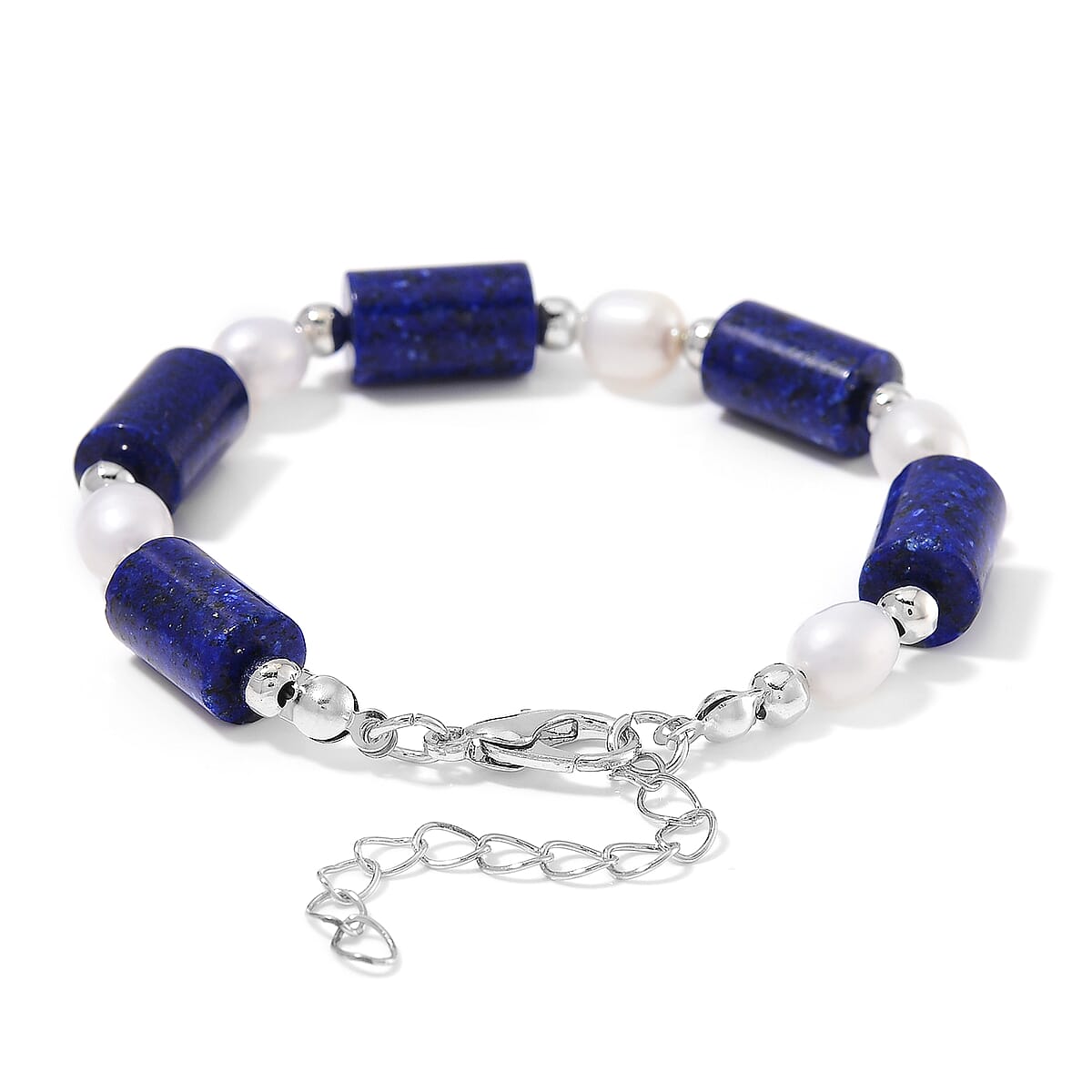 Lapis Lazuli 30.00 ctw and Freshwater Pearl Stretch Bracelet in Silvertone (6.50-8.50In) image number 2