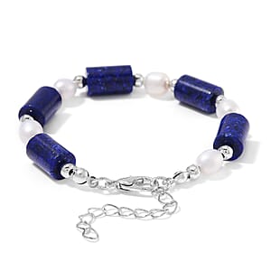 Lapis Lazuli 30.00 ctw and Freshwater Pearl Stretch Bracelet in Silvertone (6.50-8.50In)