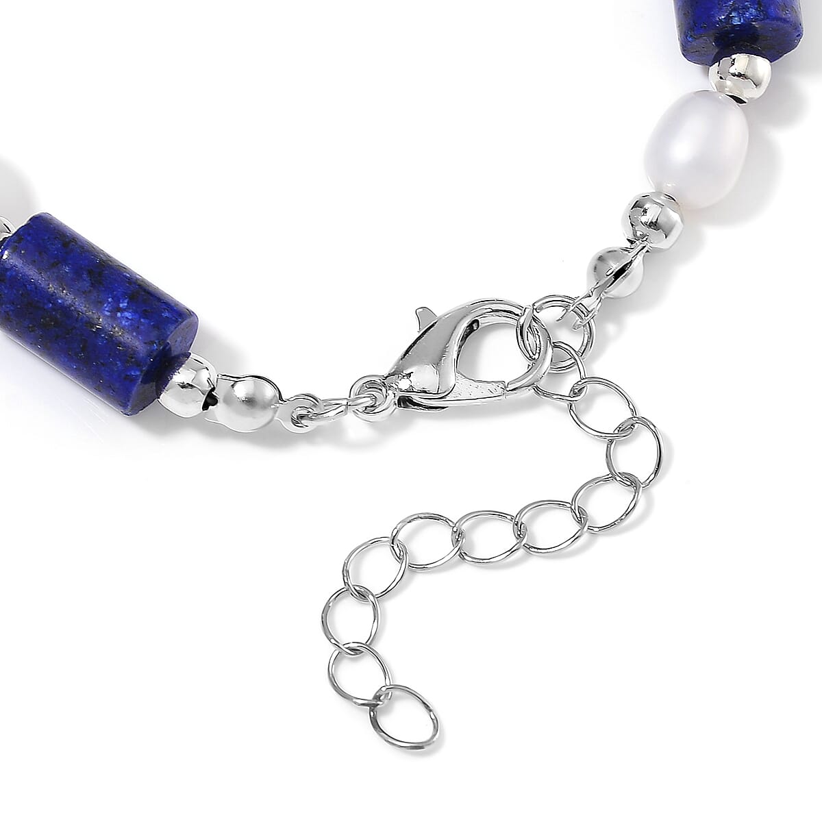 Lapis Lazuli 30.00 ctw and Freshwater Pearl Stretch Bracelet in Silvertone (6.50-8.50In) image number 3