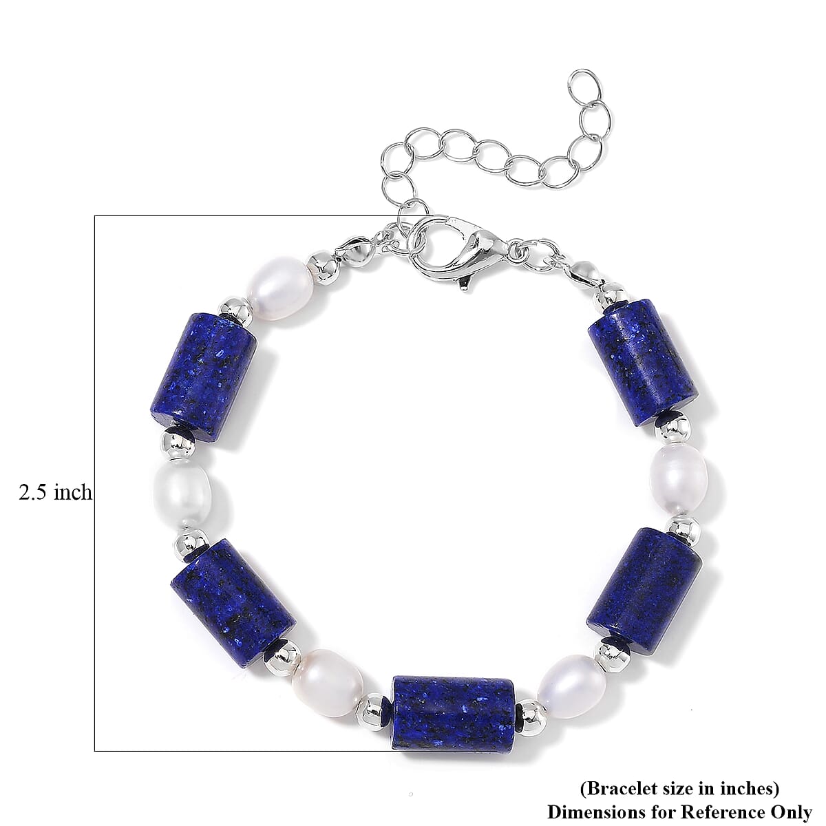 Lapis Lazuli 30.00 ctw and Freshwater Pearl Stretch Bracelet in Silvertone (6.50-8.50In) image number 4