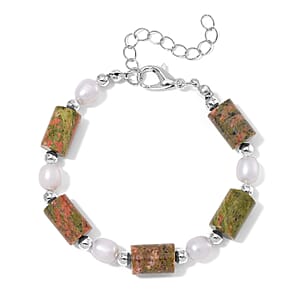 Unakite 30.00 ctw and Freshwater Pearl Stretch Bracelet in Silvertone (6.50-8.50In)