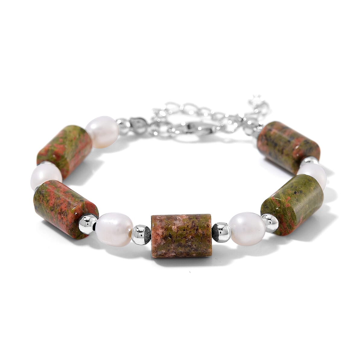 Unakite 30.00 ctw and Freshwater Pearl Stretch Bracelet in Silvertone (6.50-8.50In) image number 2