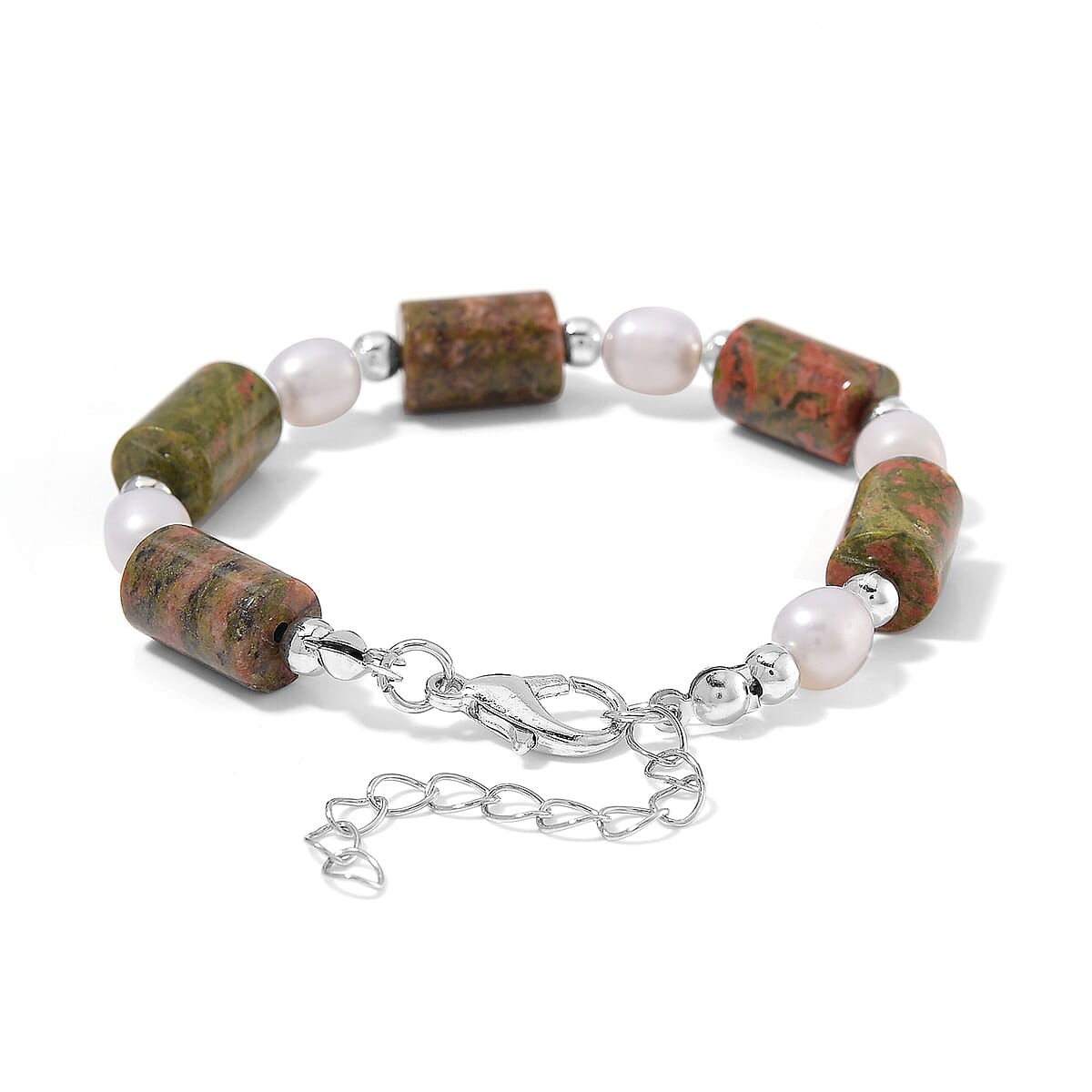 Unakite 30.00 ctw and Freshwater Pearl Stretch Bracelet in Silvertone (6.50-8.50In) image number 3