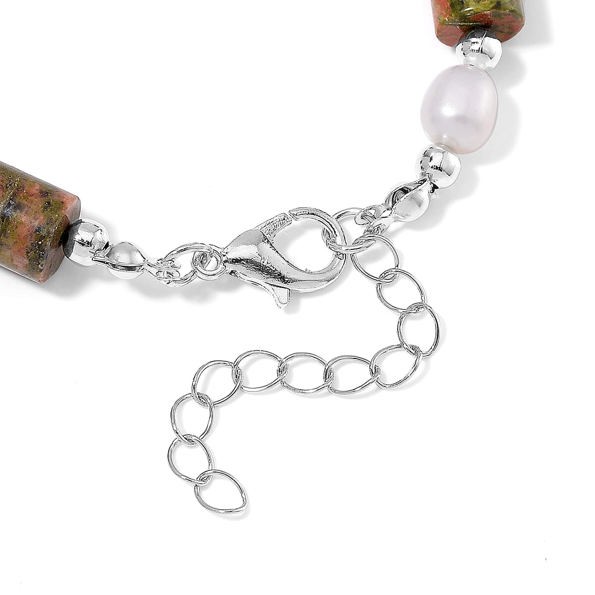Unakite 30.00 ctw and Freshwater Pearl Stretch Bracelet in Silvertone (6.50-8.50In) image number 4