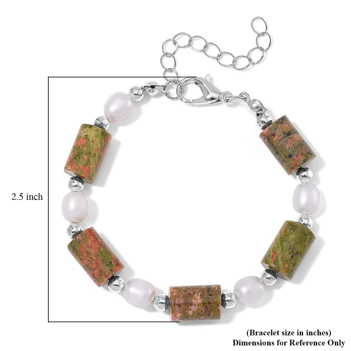 Unakite 30.00 ctw and Freshwater Pearl Stretch Bracelet in Silvertone (6.50-8.50In) image number 5