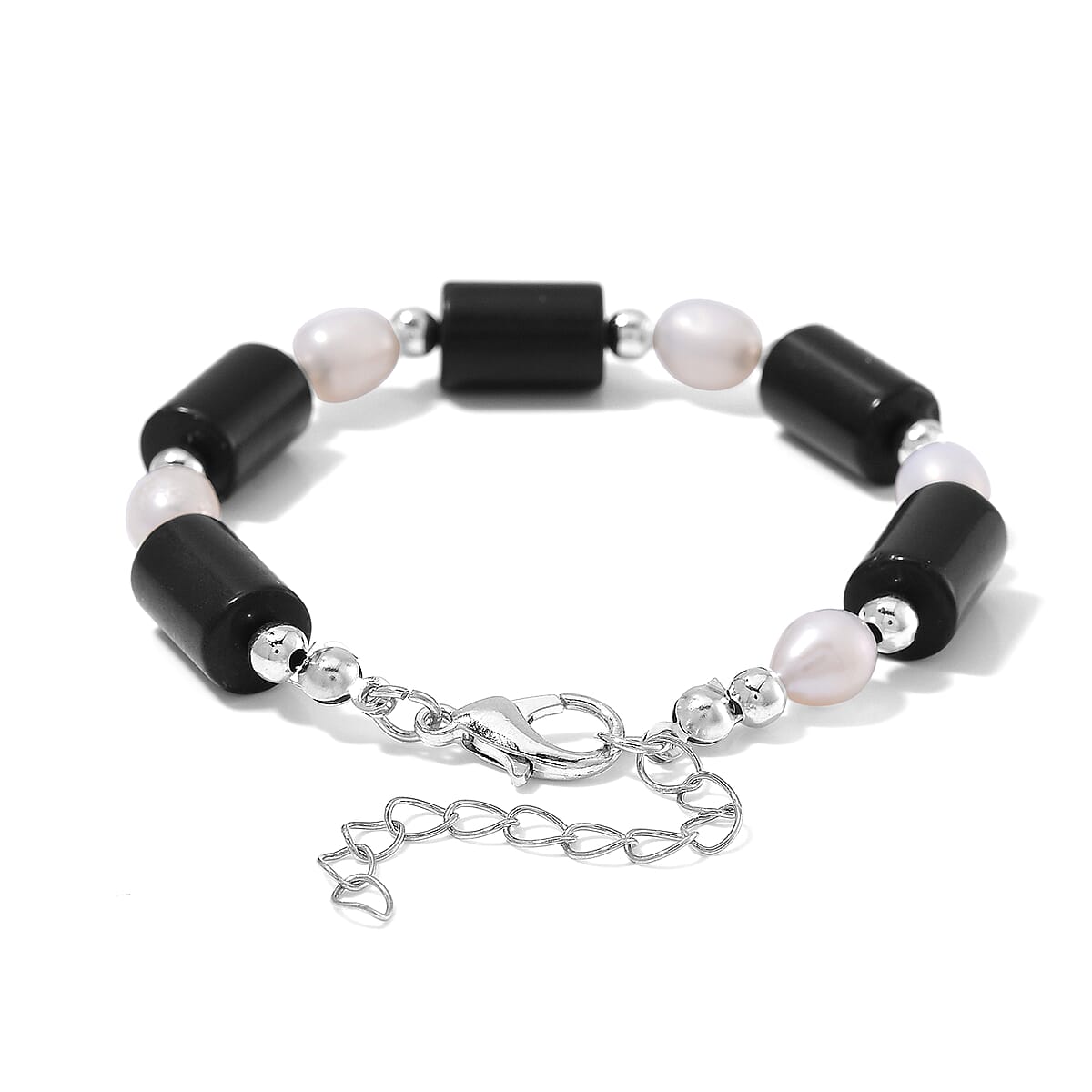 Black Obsidian 30.00 ctw and Freshwater Pearl Stretch Bracelet in Silvertone (6.50-8.50In) image number 2
