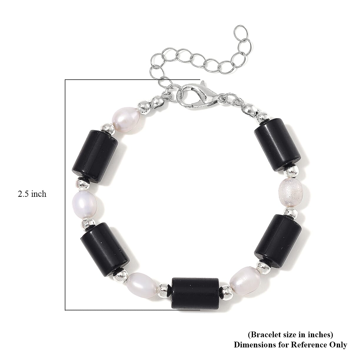 Black Obsidian 30.00 ctw and Freshwater Pearl Stretch Bracelet in Silvertone (6.50-8.50In) image number 4