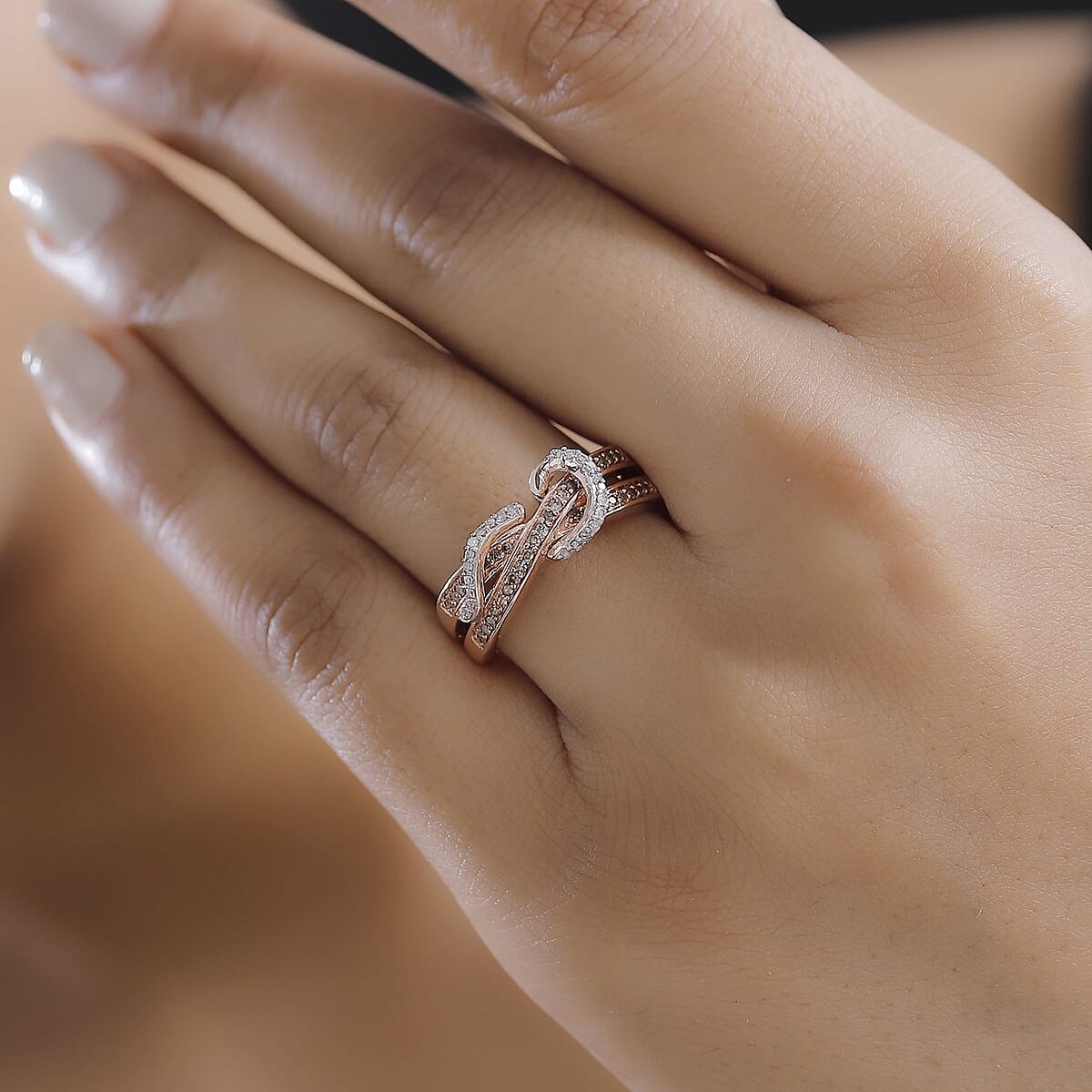 D'Joy Natural Champagne and White Diamond 0.25 ctw Infinity Ring in 18K Vermeil RG Over Sterling Silver (Size 9.0) image number 2