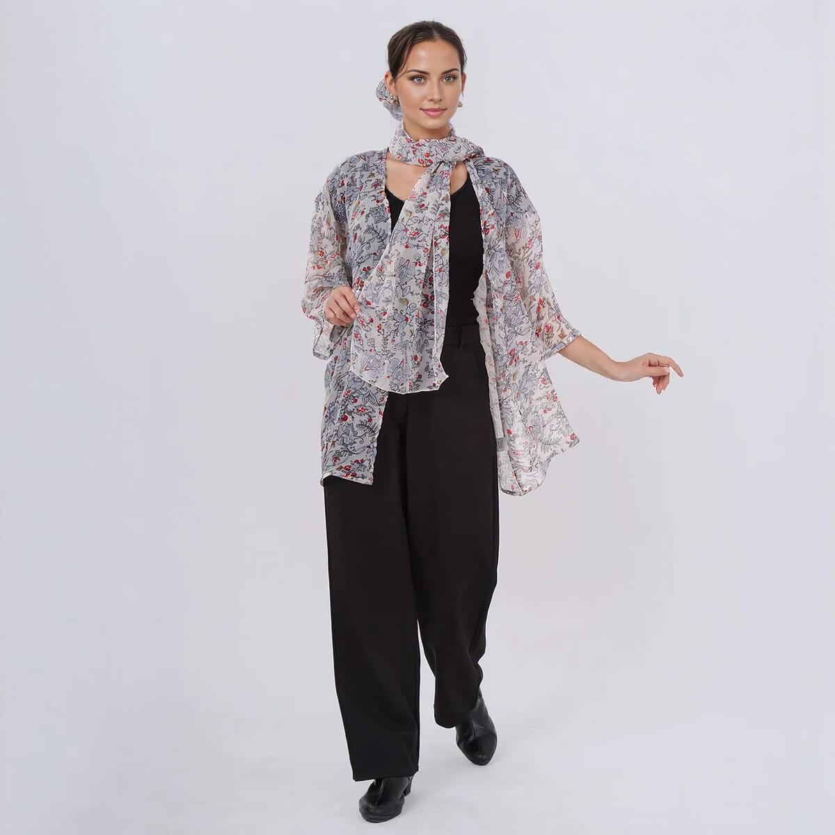 Gray Floral Chiffon Kimono, Scarf, and Scrunchie Set - One Size Fits Most image number 0