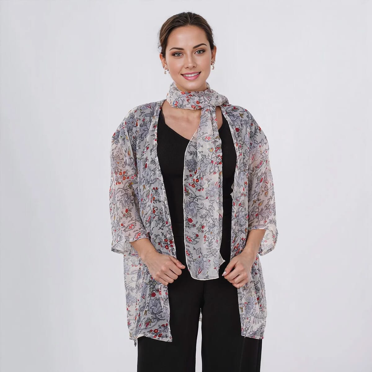 Gray Floral Chiffon Kimono, Scarf, and Scrunchie Set - One Size Fits Most image number 2