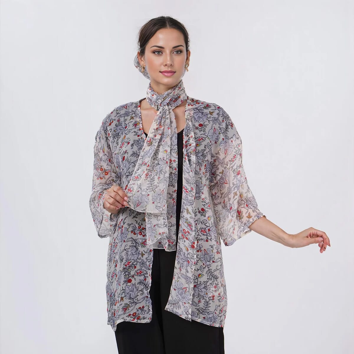 Gray Floral Chiffon Kimono, Scarf, and Scrunchie Set - One Size Fits Most image number 3