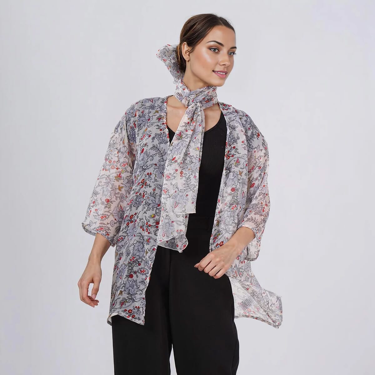 Gray Floral Chiffon Kimono, Scarf, and Scrunchie Set - One Size Fits Most image number 5